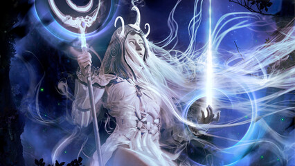 A charming white druid woman, She is a luminous transparent spirit of nature floating in the air among the trees in the night forest, she creates a stream of white energy into the sky. 3d rendering © warmtail
