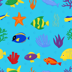 Naklejka na ściany i meble Cute sea fish seamless pattern. Vector cartoon character in ocean. Tropical fish