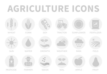 Light Grey Agriculture Round Icon Set of Wheat, Corn, Soy, Tractor, Sunflower, Fertilizer, Sun, Water, Growth, Weather, Rain, Fields, Pesticide, Farmer Seeds, Soil, Apple, Fruit Icons.