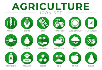Green Agriculture Round Icon Set of Wheat, Corn, Soy, Tractor, Sunflower, Fertilizer, Sun, Water, Growth, Weather, Rain, Fields, Pesticide, Farmer Seeds, Soil, Apple, Fruit Icons. - obrazy, fototapety, plakaty