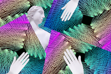 Contemporary collage. Hands and sculpture of a woman against the background of a geometric pattern in the form of a network