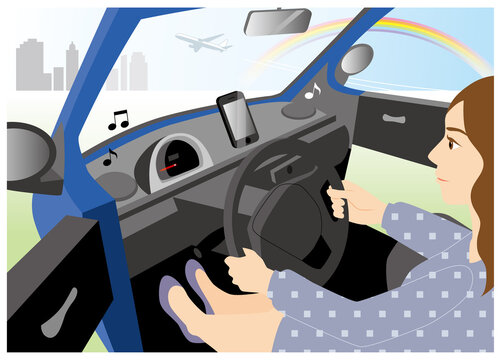 音楽を聴きながらドライブする女性。窓の外は虹と飛行機とビル。
ベクターイラスト。