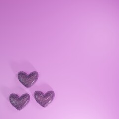 three sugar jelly - gummy hearts - toffee - candy purple hearts - 3d render illustration - cute confession - background