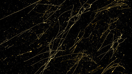 Gold Glitter Texture Isolated on Black Background. Golden Splash Silhouette. Amber Particles Color. Sparkles Rain. Vector Illustration, Eps 10.