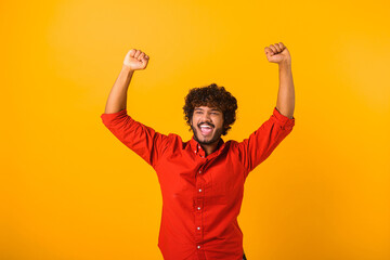 Portrait of happy screaming handsome bearded man standing with excited face and rejoicing his...
