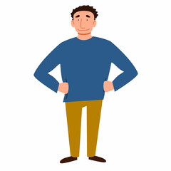 a dark-haired man with his hands on his waist. Vector illustration in a flat cartoon style.