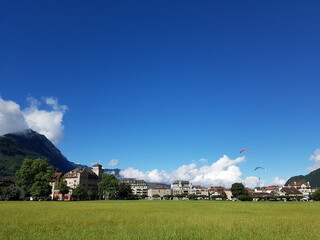 watching paragliding in peaceful park, Interlaken, Switzerland