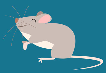 Vector illustration of a cute gray mouse in a flat style, isolated on a green background.