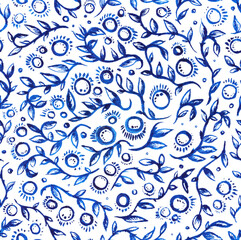 Watercolor seamless hand drawn botanical pattern with blue plants on white background