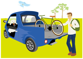 休日にリュックを背負った男性が自転車を車に積み、自然の中を犬とドライブ。
ベクターイラスト。