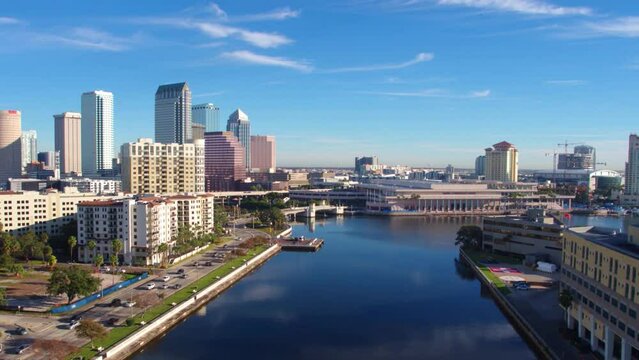 Aerial Flying Over Tampa, Downtown, Hillsborough River, Florida