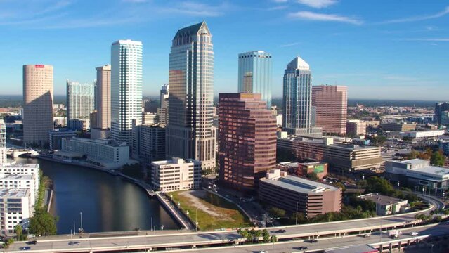 Aerial Flying Over Tampa, Florida, Downtown, Hillsborough River