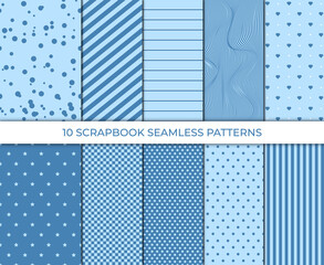 Set of cute sweet blue seamless patterns. Wallpaper for little baby boy. Blue background collection. Baby boy pattern seamless. Cute illustration