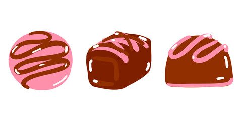 Simple valentine's day vector illustration. Pink chocolate praline set. Love dessert. Pink hearts and chocolate bonbons on the pink background. Milk chocolate candies. Celebration. Chocolate set.