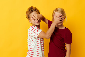 cheerful children casual wear games fun together isolated background