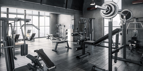 Fototapeta premium Body Building Center With Exercise Machines Integrated Inside a Penthouse Recreation Area - panoramic black and white 3D Visualization