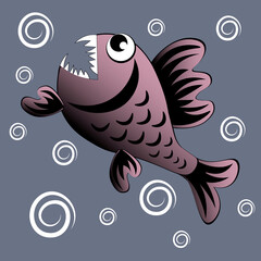 predatory evil piranha fish. Fabulous underwater world. Styling, cartoon style