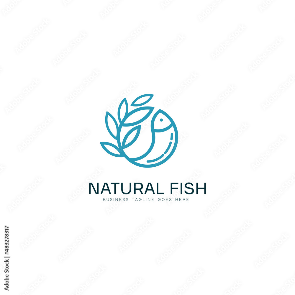 Wall mural line art styled vector logo with fish and plant shapes