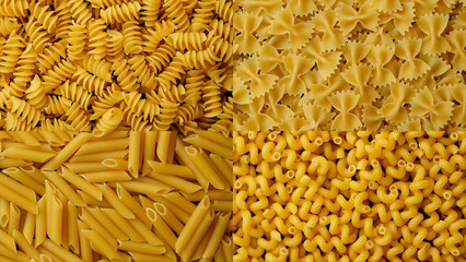Italy pasta. Different types pasta penne, farfalle, fusilli, amorosi