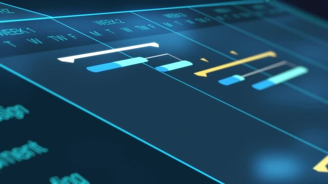 project management software, futuristic interface animation, gantt chart, concept of project planning, flashing lights on backgrounds (3d render)