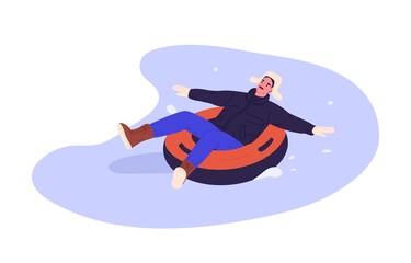 Fototapeta na wymiar Happy man riding winter tubing, sliding down snow slope. Adult person during wintertime fun, activity. Outdoor leisure in cold weather. Flat vector illustration isolated on white background