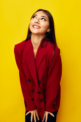 Fototapeta premium attractive girl fashion jacket posing yellow background unaltered