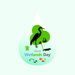World Wetlands Day concept of water drop showing various species of birds, animals, reptiles and fishes living in wetlands. Vector, illustration.