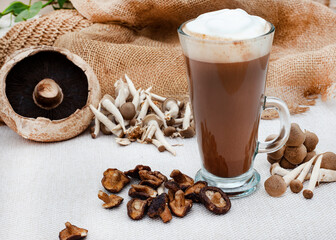 mushroom latte in glass mug surrounded with various mushrooms on rustic surface