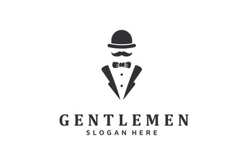gentlemen with a hat and coat, mustache . fashion logo design