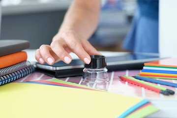 Designer person searching for perfect shadow of colour using magnifying glass tool