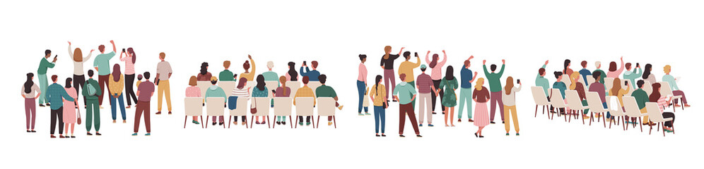 Rear view of academic auditorium, fan audience, people crowd. Set of viewers of performance. Standing and sitting spectator backs. Cartoon flat vector collection isolated on white background