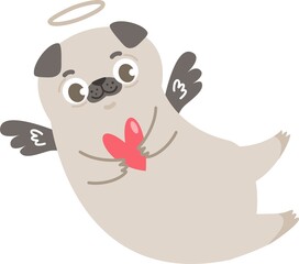 Cute vector cupid pug. Puppy with wings and halo. Cute baby illustration