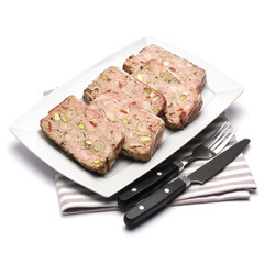 Sliced Traditional French terrine covered with bacon isolated on white background