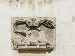 Relief of Dominican order coat of arms (Domini canes, dogs of God) depicting a dog with a burning flare in a mouth jaws on facade of St. Eucharist Church, the former Dominican Church in Lviv, Ukraine