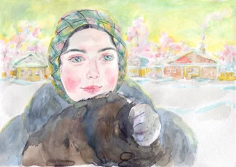 Gordijnen watercolor painting. russian woman portrait. illustration.   © Anna Ismagilova