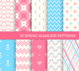 Ten spring seamless patterns. Pink backgrounds for Valentine's or Mother's day. Endless texture for wallpaper, web page, wrapping paper. Retro love style. Waves, flowers, arcs, hearts, zigzags