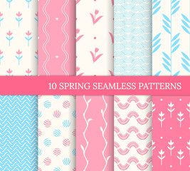 Ten spring seamless patterns. Pink and blue pretty backgrounds. Endless texture for wallpaper, web page, wrapping paper. Retro love style. Waves, flowers, twigs and leaves