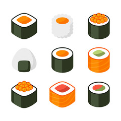 Sushi Roll Icons Set on White Background. Vector