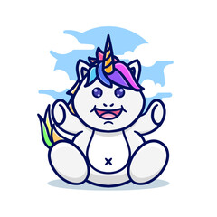 cute unicorn cartoon with cloud background kawaii
