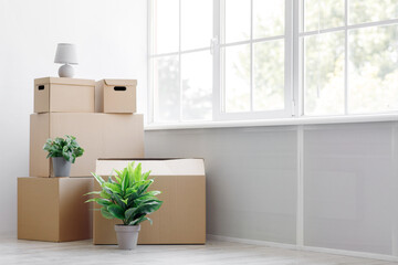 Stack of cardboard boxes with belongings and green plants in pots on floor near window, empty space