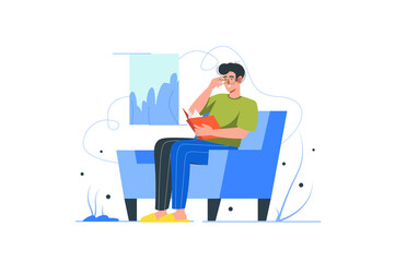 People reading book modern flat concept. Young man sitting in chair and reads novel. Student studying textbook and preparing for exams. Vector illustration with human scene for web banner design