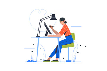 Design studio modern flat concept. Woman illustrator draws on tablet, comes up with creative ideas. Painter creates artwork in agency. Vector illustration with people scene for web banner design