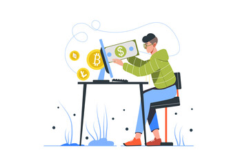 Cryptocurrency mining modern flat concept. Young man invests money in digital currency and buys bitcoins. Crypto business and trading. Vector illustration with people scene for web banner design