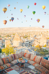 Traditional turkish breakfast with fruits with Cappadocia view - 483284147