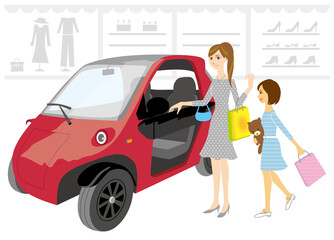 休日に親子で買い物やドライブ。
車と女性と子供のベクターイラスト。