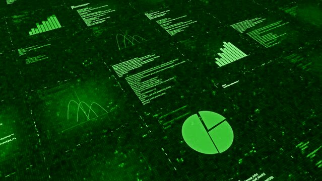 Animation of diagrams and texts in table. Animation. Moving charts with business summaries in virtual table. Virtual Business Table