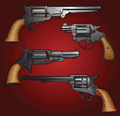Vector image of a set of old revolver pistols in cartoon style - obrazy, fototapety, plakaty