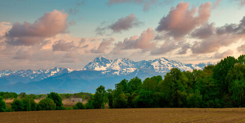 Panorama of countryside, french Pyrenees mountains in background