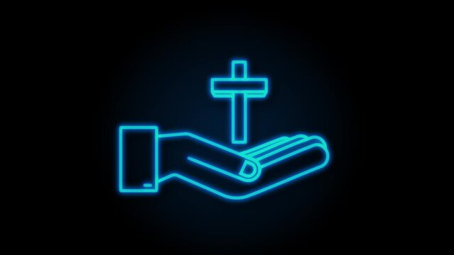 Neon Cross wood icon in hands design. motion graphic