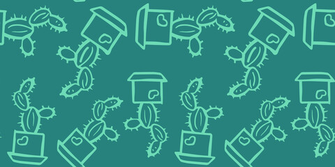 seamless pattern with cactus in a pot. botanical background for design. Vector illustration